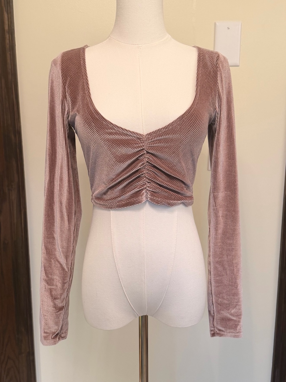 Urban Outfitters Mauve Velvet Ruched Long-Sleeve Crop Top